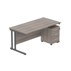 Double Upright Rectangular Desk + 3 Drawer Mobile Under Desk Pedestal (FSC) | 1600X800 | Alaskan Grey Oak/Graphite