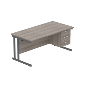 Office Rectangular Desk with Steel Double Upright Cantilever Legs + 3 Drawer Fixed Pedestal (FSC) | 1600X800 | Alaskan Grey Oak/Graphite