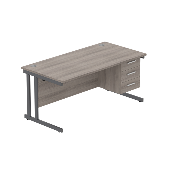 Office Rectangular Desk with Steel Double Upright Cantilever Legs + 3 Drawer Fixed Pedestal (FSC) | 1600X800 | Alaskan Grey Oak/Graphite