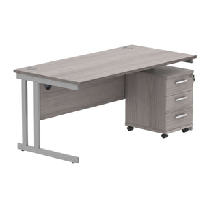 Double Upright Rectangular Desk + 3 Drawer Mobile Under Desk Pedestal (FSC) | 1600X800 | Alaskan Grey Oak/Silver