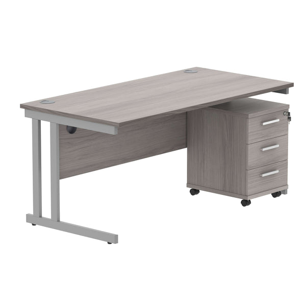 Double Upright Rectangular Desk + 3 Drawer Mobile Under Desk Pedestal (FSC) | 1600X800 | Alaskan Grey Oak/Silver