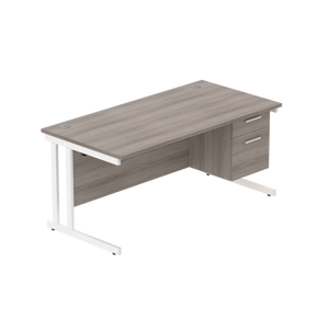 Office Rectangular Desk with Steel Double Upright Cantilever Legs + 2 Drawer Fixed Pedestal (FSC) | 1600X800 | Alaskan Grey Oak/White