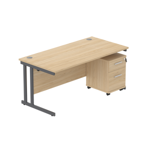 Double Upright Rectangular Desk + 2 Drawer Mobile Under Desk Pedestal (FSC) | 1600X800 | Canadian Oak/Graphite