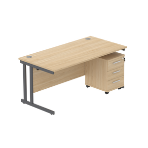 Double Upright Rectangular Desk + 3 Drawer Mobile Under Desk Pedestal (FSC) | 1600X800 | Canadian Oak/Graphite