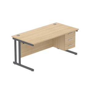 Office Rectangular Desk with Steel Double Upright Cantilever Legs + 3 Drawer Fixed Pedestal (FSC) | 1600X800 | Canadian Oak/Graphite