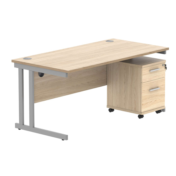 Double Upright Rectangular Desk + 2 Drawer Mobile Under Desk Pedestal (FSC) | 1600X800 | Canadian Oak/Silver