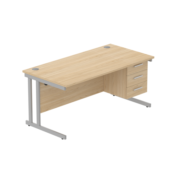 Office Rectangular Desk with Steel Double Upright Cantilever Legs + 3 Drawer Fixed Pedestal (FSC) | 1600X800 | Canadian Oak/Silver