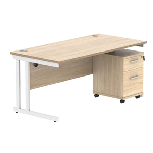 Double Upright Rectangular Desk + 2 Drawer Mobile Under Desk Pedestal (FSC) | 1600X800 | Canadian Oak/White