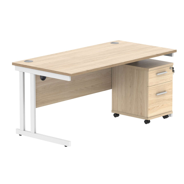 Double Upright Rectangular Desk + 2 Drawer Mobile Under Desk Pedestal (FSC) | 1600X800 | Canadian Oak/White