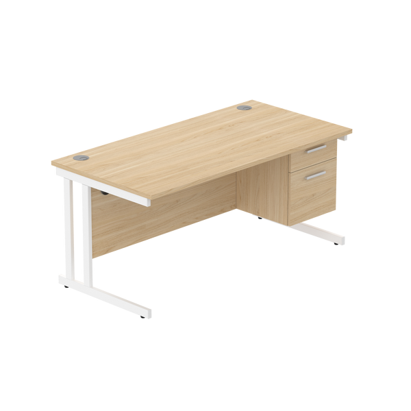 Office Rectangular Desk with Steel Double Upright Cantilever Legs + 2 Drawer Fixed Pedestal (FSC) | 1600X800 | Canadian Oak/White