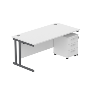 Double Upright Rectangular Desk + 3 Drawer Mobile Under Desk Pedestal (FSC) | 1600X800 | Arctic White/Graphite