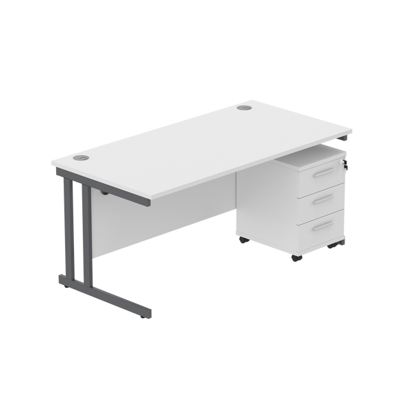 Double Upright Rectangular Desk + 3 Drawer Mobile Under Desk Pedestal (FSC) | 1600X800 | Arctic White/Graphite