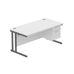 Office Rectangular Desk with Steel Double Upright Cantilever Legs + 2 Drawer Fixed Pedestal (FSC) | 1600X800 | Arctic White/Graphite