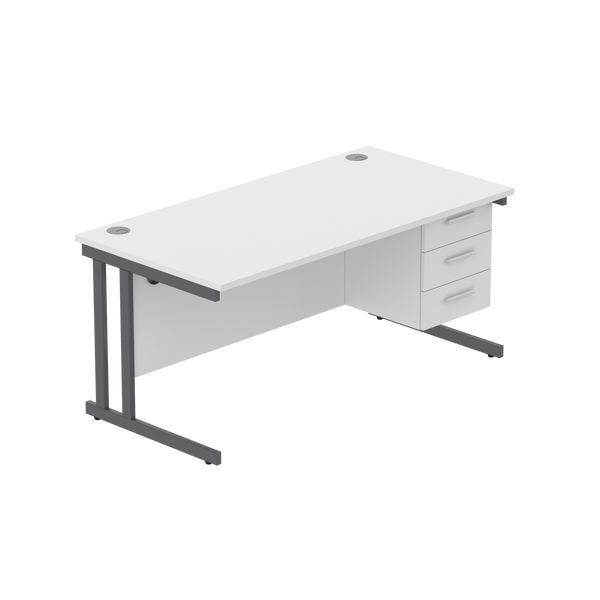 Office Rectangular Desk with Steel Double Upright Cantilever Legs + 3 Drawer Fixed Pedestal (FSC) | 1600X800 | Arctic White/Graphite