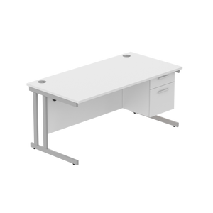 Office Rectangular Desk with Steel Double Upright Cantilever Legs + 2 Drawer Fixed Pedestal (FSC) | 1600X800 | Arctic White/Silver