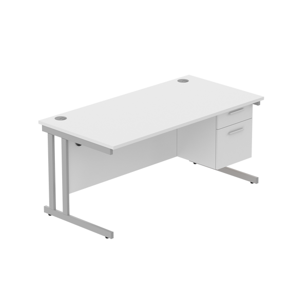 Office Rectangular Desk with Steel Double Upright Cantilever Legs + 2 Drawer Fixed Pedestal (FSC) | 1600X800 | Arctic White/Silver