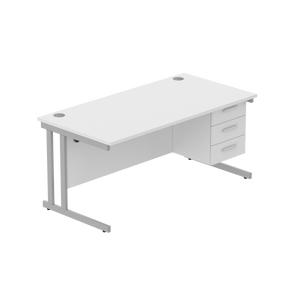 Office Rectangular Desk with Steel Double Upright Cantilever Legs + 3 Drawer Fixed Pedestal (FSC) | 1600X800 | Arctic White/Silver