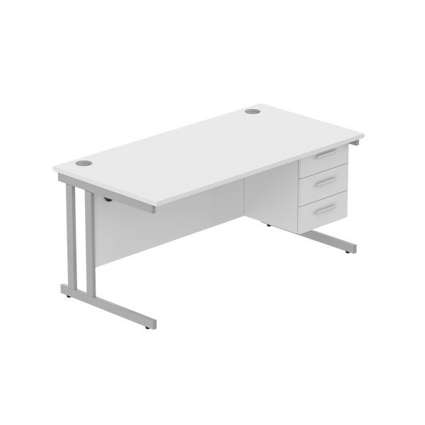 Office Rectangular Desk with Steel Double Upright Cantilever Legs + 3 Drawer Fixed Pedestal (FSC) | 1600X800 | Arctic White/Silver