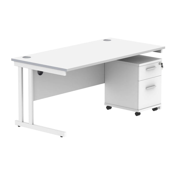 Double Upright Rectangular Desk + 2 Drawer Mobile Under Desk Pedestal (FSC) | 1600X800 | Arctic White/White