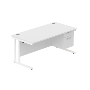 Office Rectangular Desk with Steel Double Upright Cantilever Legs + 2 Drawer Fixed Pedestal (FSC) | 1600X800 | Arctic White/White
