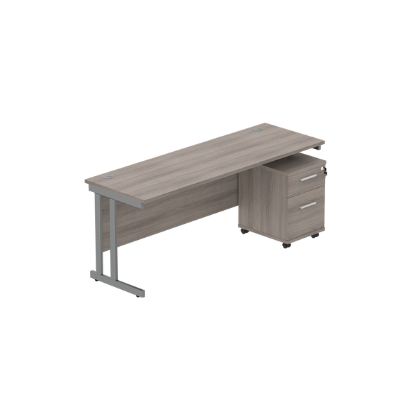 Double Upright Rectangular Desk + 2 Drawer Mobile Under Desk Pedestal (FSC) | 1800X600 | Alaskan Grey Oak/Graphite