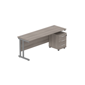 Double Upright Rectangular Desk + 3 Drawer Mobile Under Desk Pedestal (FSC) | 1800X600 | Alaskan Grey Oak/Graphite