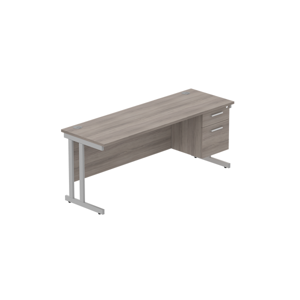 Office Rectangular Desk with Steel Double Upright Cantilever Legs + 2 Drawer Fixed Pedestal (FSC) | 1800X600 | Alaskan Grey Oak/Silver