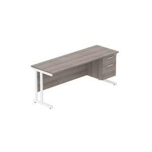 Office Rectangular Desk with Steel Double Upright Cantilever Legs + 2 Drawer Fixed Pedestal (FSC) | 1800X600 | Alaskan Grey Oak/White