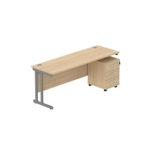 Double Upright Rectangular Desk + 3 Drawer Mobile Under Desk Pedestal (FSC) | 1800X600 | Canadian Oak/Graphite