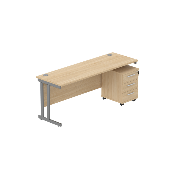Double Upright Rectangular Desk + 3 Drawer Mobile Under Desk Pedestal (FSC) | 1800X600 | Canadian Oak/Graphite