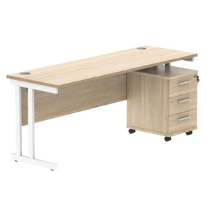 Double Upright Rectangular Desk + 3 Drawer Mobile Under Desk Pedestal (FSC) | 1800X600 | Canadian Oak/White