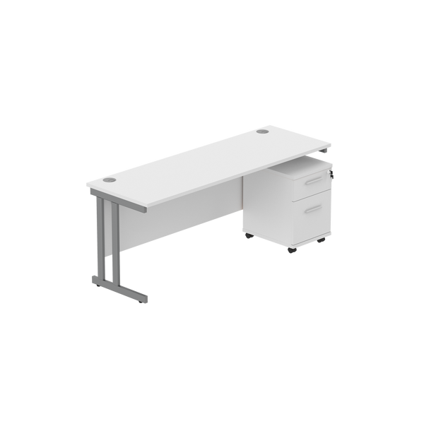 Double Upright Rectangular Desk + 2 Drawer Mobile Under Desk Pedestal (FSC) | 1800X600 | Arctic White/Graphite