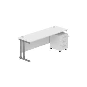 Double Upright Rectangular Desk + 3 Drawer Mobile Under Desk Pedestal (FSC) | 1800X600 | Arctic White/Graphite