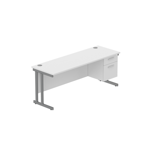 Office Rectangular Desk with Steel Double Upright Cantilever Legs + 2 Drawer Fixed Pedestal (FSC) | 1800X600 | Arctic White/Graphite