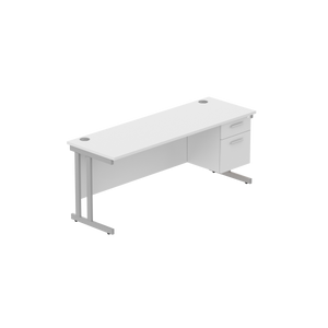 Office Rectangular Desk with Steel Double Upright Cantilever Legs + 2 Drawer Fixed Pedestal (FSC) | 1800X600 | Arctic White/Silver