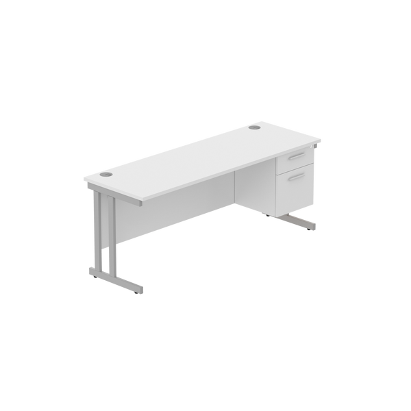 Office Rectangular Desk with Steel Double Upright Cantilever Legs + 2 Drawer Fixed Pedestal (FSC) | 1800X600 | Arctic White/Silver