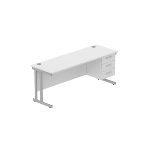 Office Rectangular Desk with Steel Double Upright Cantilever Legs + 3 Drawer Fixed Pedestal (FSC) | 1800X600 | Arctic White/Silver