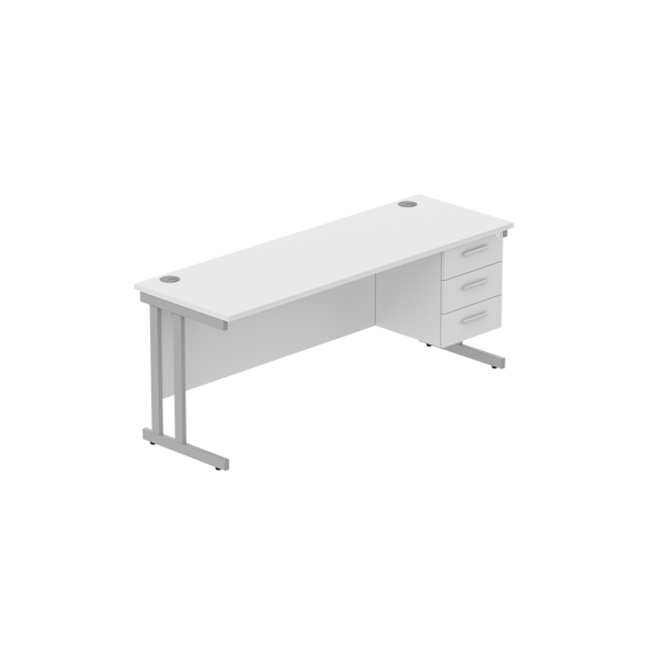 Office Rectangular Desk with Steel Double Upright Cantilever Legs + 3 Drawer Fixed Pedestal (FSC) | 1800X600 | Arctic White/Silver