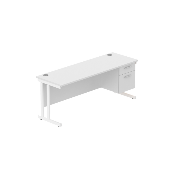 Office Rectangular Desk with Steel Double Upright Cantilever Legs + 2 Drawer Fixed Pedestal (FSC) | 1800X600 | Arctic White/White