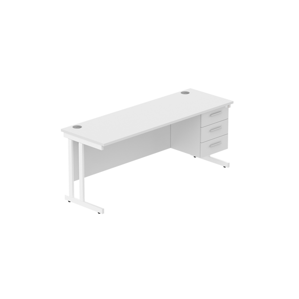 Office Rectangular Desk with Steel Double Upright Cantilever Legs + 3 Drawer Fixed Pedestal (FSC) | 1800X600 | Arctic White/White
