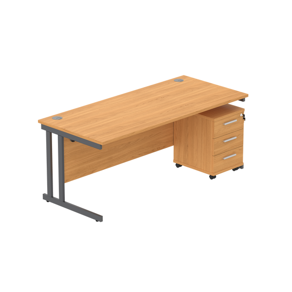 Double Upright Rectangular Desk + 3 Drawer Mobile Under Desk Pedestal (FSC) | 1800X800 | Norwegian Beech/Graphite