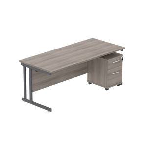 Double Upright Rectangular Desk + 2 Drawer Mobile Under Desk Pedestal (FSC) | 1800X800 | Alaskan Grey Oak/Graphite