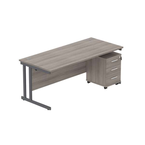 Double Upright Rectangular Desk + 3 Drawer Mobile Under Desk Pedestal (FSC) | 1800X800 | Alaskan Grey Oak/Graphite