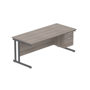 Office Rectangular Desk with Steel Double Upright Cantilever Legs + 2 Drawer Fixed Pedestal (FSC) | 1800X800 | Alaskan Grey Oak/Graphite