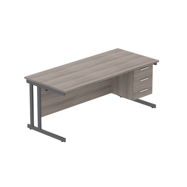 Office Rectangular Desk with Steel Double Upright Cantilever Legs + 3 Drawer Fixed Pedestal (FSC) | 1800X800 | Alaskan Grey Oak/Graphite