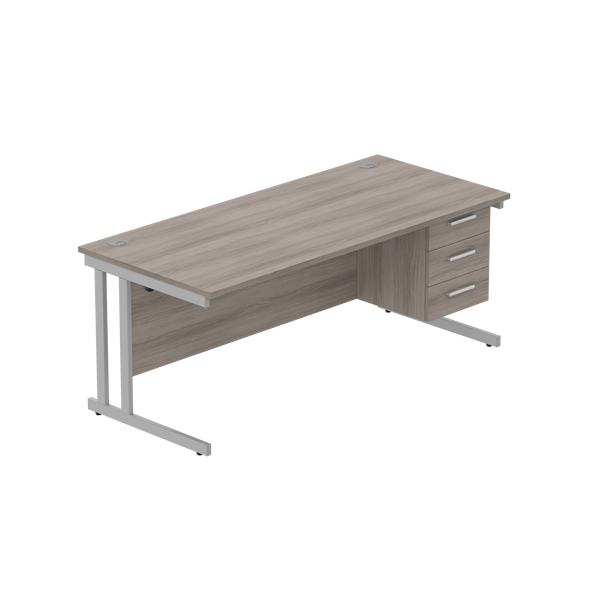 Office Rectangular Desk with Steel Double Upright Cantilever Legs + 3 Drawer Fixed Pedestal (FSC) | 1800X800 | Alaskan Grey Oak/Silver