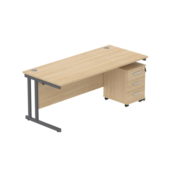 Double Upright Rectangular Desk + 3 Drawer Mobile Under Desk Pedestal (FSC) | 1800X800 | Canadian Oak/Graphite