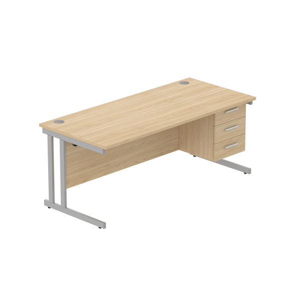 Office Rectangular Desk with Steel Double Upright Cantilever Legs + 3 Drawer Fixed Pedestal (FSC) | 1800X800 | Canadian Oak/Silver
