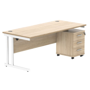 Double Upright Rectangular Desk + 3 Drawer Mobile Under Desk Pedestal (FSC) | 1800X800 | Canadian Oak/White
