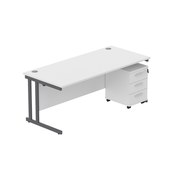 Double Upright Rectangular Desk + 3 Drawer Mobile Under Desk Pedestal (FSC) | 1800X800 | Arctic White/Graphite